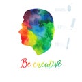 Vector watercolor human head icon. Watercolor creative concept. Vector concept - creative person. Lettering. quote. Creative arti