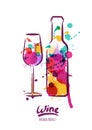 Vector watercolor illustration of colorful wine bottle and wine glass. Royalty Free Stock Photo