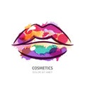 Vector watercolor illustration of colorful womens lips.