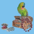 green budgerigar sits on a treasure chest