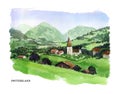 Vector watercolor illustration of Switzerland sightseeings and seacoast with text place.