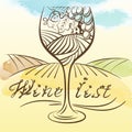 Vector watercolor illustration of vine grape and rural field in wine glass. Royalty Free Stock Photo