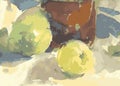 Vector watercolor image of still life with yellow apple,pear and jar Royalty Free Stock Photo