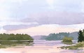 Vector watercolor landscape of lakeside in lilac sunset