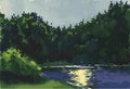 Vector watercolor landscape of riverside on moonlit summer night