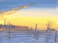 Vector watercolor landscape of winter yellow frosty sunset in countryside