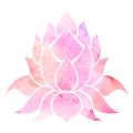Vector watercolor lotus illustration. Simple silhouette of water lily on pink background with splashes. Mystical picture