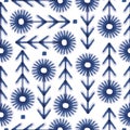 Vector blue flowers leaves folk seamless pattern