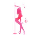 Vector watercolor pink silhouette women pole dance exotic Royalty Free Stock Photo