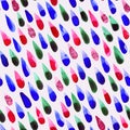 Vector watercolor rain drops, seamless background with stylized colored raindrops on a white backdrop. Royalty Free Stock Photo