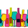 Vector watercolor seamless background, colorful wine bottles and