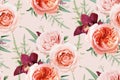 Vector, watercolor seamless floral pattern, textile fabric background design. Blush peach, light pale coral Rose flowers, burgundy Royalty Free Stock Photo