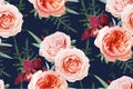 Vector, watercolor seamless floral pattern, textile fabric design. Blush peach, coral Rose flowers, tropical burgundy red orchid,