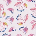 Vector watercolor seamless pattern with autumn leaves and blue berries