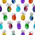 Vector watercolor seamless pattern with colorful rainbow pinapple