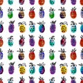 Vector watercolor seamless pattern with colorful rainbow pinapple and black hand-drawn elements. On white background