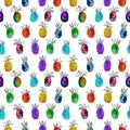 Vector watercolor seamless pattern with colorful rainbow pinapple and black hand-drawn elements. On white background