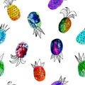 Vector watercolor seamless pattern with colorful rainbow pinapple and black hand-drawn elements. On white background