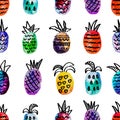 Vector watercolor seamless pattern with colorful rainbow pinapple and black hand-drawn elements. On white background