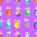 Vector watercolor seamless pattern with colorful rainbow pinapple and light hand-drawn elements. On violet background