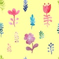 Vector watercolor seamless pattern with flowers and plants. On a yellow background. Floral decor. Original watercolor floral backg