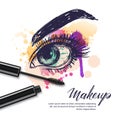 Vector watercolor sketch illustration of colorful female eye and makeup mascara. Watercolor background. Royalty Free Stock Photo