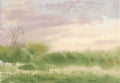 Vector watercolor spring landscape of early foggy morning in countryside Royalty Free Stock Photo