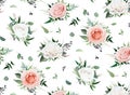 Vector watercolor style floral bouquet seamless pattern on white background. Blush peach, dusty pink, ivory Rose flowers, Royalty Free Stock Photo