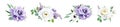 Vector watercolor style purple, violet bouquet. Garden rose flowers, helleborum, lisanthus, eucalyptus greenery leaves. Chic