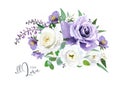 Vector, watercolor style purple, violet bouquet. Love greeting card template. Garden rose flowers, helleborum, lisanthus,