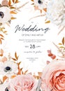 Vector watercolor style wedding invite card editable template design. Elegant chic blush peach pink Roses, ivory white anemone Royalty Free Stock Photo