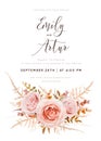 Vector watercolor style wedding invite, invitation card. Blush peach rose flowers, autumn brown camel beige, burnt orange