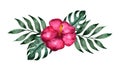 vector watercolor tropical bouquet with pink hibiscus flower and palm leaves. Exotic hawaii composition, aloha print