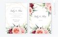 Vector watercolor wedding floral invite, invitation card design: blush peach, pale coral rose flowers, burgundy orchid, greenery,