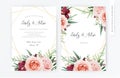 Vector watercolor wedding floral invite, invitation card design: blush peach, pale coral rose flowers, burgundy orchid, greenery, Royalty Free Stock Photo