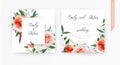 Vector watercolor wedding floral invite, invitation design: blush peach, ivory white roses, pale coral Juliette flowers, burgundy