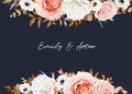 Vector watercolor wedding invite, save the date card design. Blush peach, pink, ivory white Rose, anemone flowers, beige, brown, Royalty Free Stock Photo