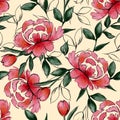 Vector watercolour red blooming floral seamless pattern, line sketch ,delicate flowers, green leaves, Design for fashion , fabric Royalty Free Stock Photo