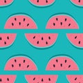 Vector watermelon background with black seeds. Seamless watermelons pattern. Vector background with watercolor watermelon slices. Royalty Free Stock Photo