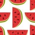 Vector watermelon background with black seeds. Seamless watermelons pattern. Vector background with watercolor watermelon slices. Royalty Free Stock Photo