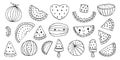 Vector watermelon doodle set, isolated collection on white background, outline fruit coloring page, juicy summer berry slices, Royalty Free Stock Photo