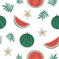 Vector watermelon seamless pattern. Jungle fruit repeat background. Hand drawn flat exotic texture. Bright childish healthy