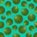 Vector watermelon seamless pattern. Whole watermelon on turquoise background. Colorful vector illustration gradient fill in flat Royalty Free Stock Photo