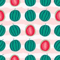 Vector watermelons hand drawn seamless pattern. Cute summer fresh fruits print. Whole green watermelons and red half Royalty Free Stock Photo