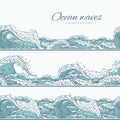 Vector waves sea ocean seamless pattern border. Big and small azure bursts splash with foam and bubbles. Outline set Royalty Free Stock Photo