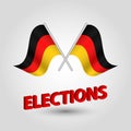 Vector waving triangle two crossed german flags on slanted silver pole - icon of germany and red 3D title elections