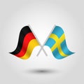 Vector waving triangle two crossed german and swedish flags on slanted silver pole - icon of germany and sweden