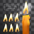 Vector wax candle flame animation on transparent background. Fire light effect.