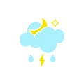 Vector weather icon of a blue cloud with lightning, moon and drops to show the stormy night forecast and the current Royalty Free Stock Photo