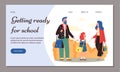 Vector web banner with happy parents walking with kid girl to school